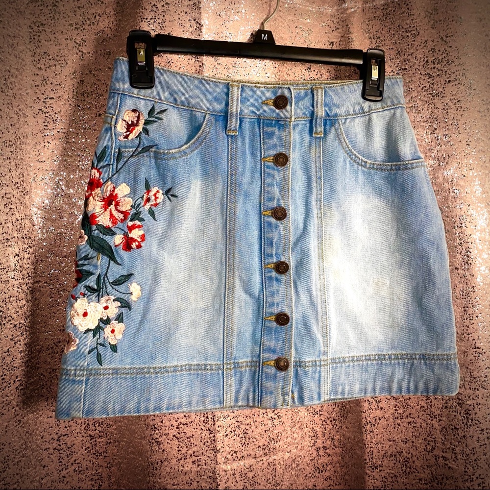 Floral Embroidery Denim High Waisted Skirt